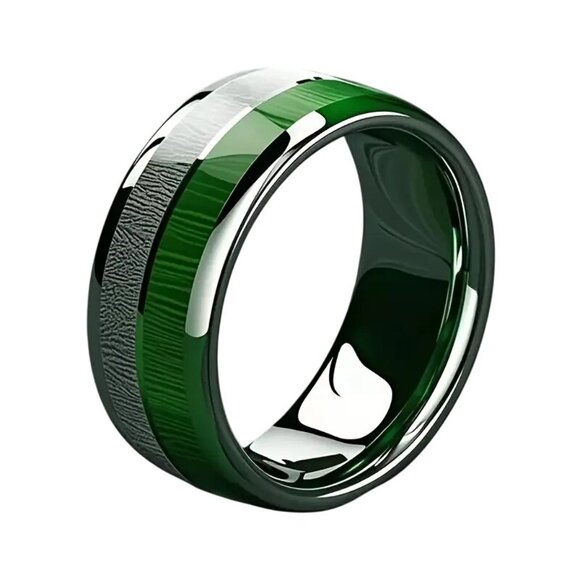 Tungsten Steel Men's Ring 8MM High Polished Green Marble with Meteorite Inlay - Picture 2 of 4